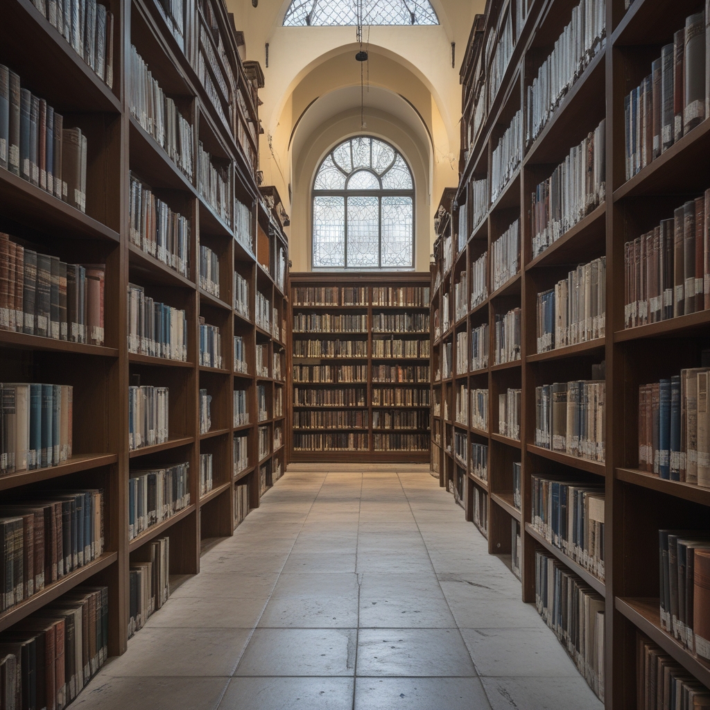 Przestronne, jasne archiwum z drewnianymi półkami pełnymi ksiąg i dokumentów, naturalne światło wpadające przez wysokie okna, spokojna akademicka atmosfera badań