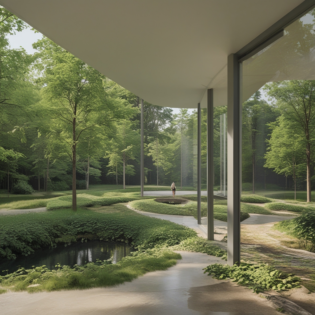 Osoba spacerująca samotnie wąską ścieżką przez zielony park o świcie, miękkie zielone liście drzew tworzące naturalny tunel, spokojne i refleksyjne otoczenie