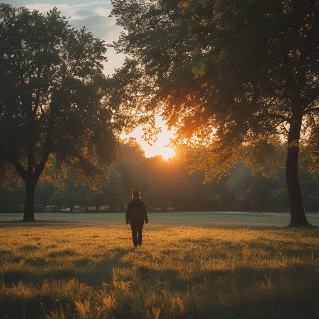 Sylwetka osoby wykonującej powolne rozciąganie na tle wschodzącego słońca w parku, miękkie złote światło poranka, atmosfera skupienia i spokoju