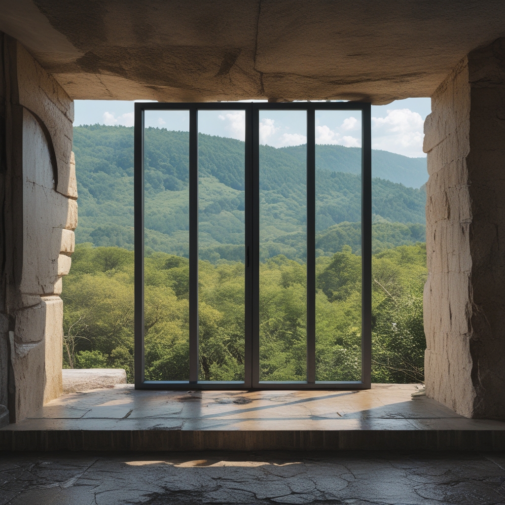 Otwarte drewniane okno z widokiem na zielony ogród, miękkie naturalne światło wpadające do spokojnego pomieszczenia, prosty parapet z kilkoma leżącymi notatnikami, atmosfera refleksji i skupienia