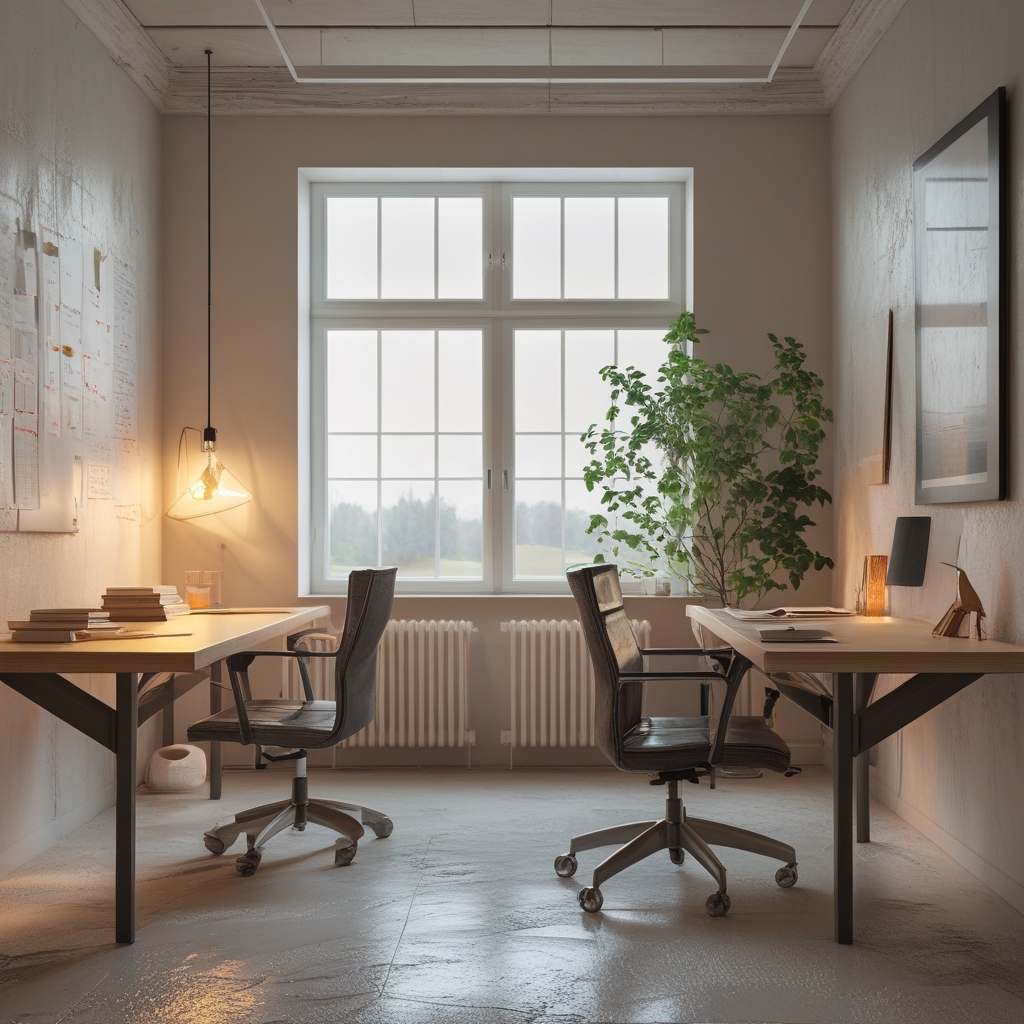 Minimalistyczne biurko z rozłożonymi notatkami i otwartą książką, miękkie boczne oświetlenie, drewniana powierzchnia, roślina w tle, spokojne środowisko pracy intelektualnej